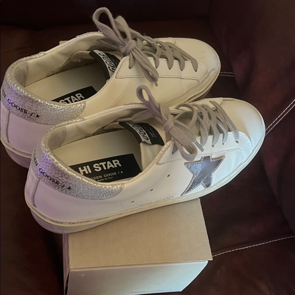 Golden Goose Hi Star White and Silver Sneakers